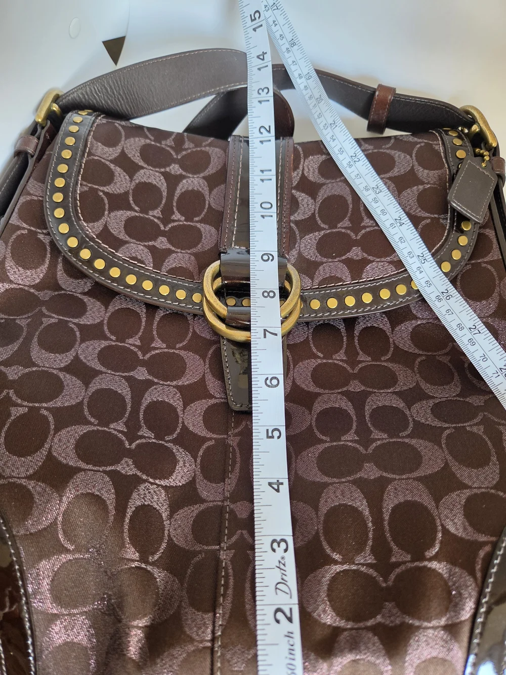 Coach Brown Signature Monogram Shoulder Bag with Gold Stud Accents, Dust Bag,Y2K